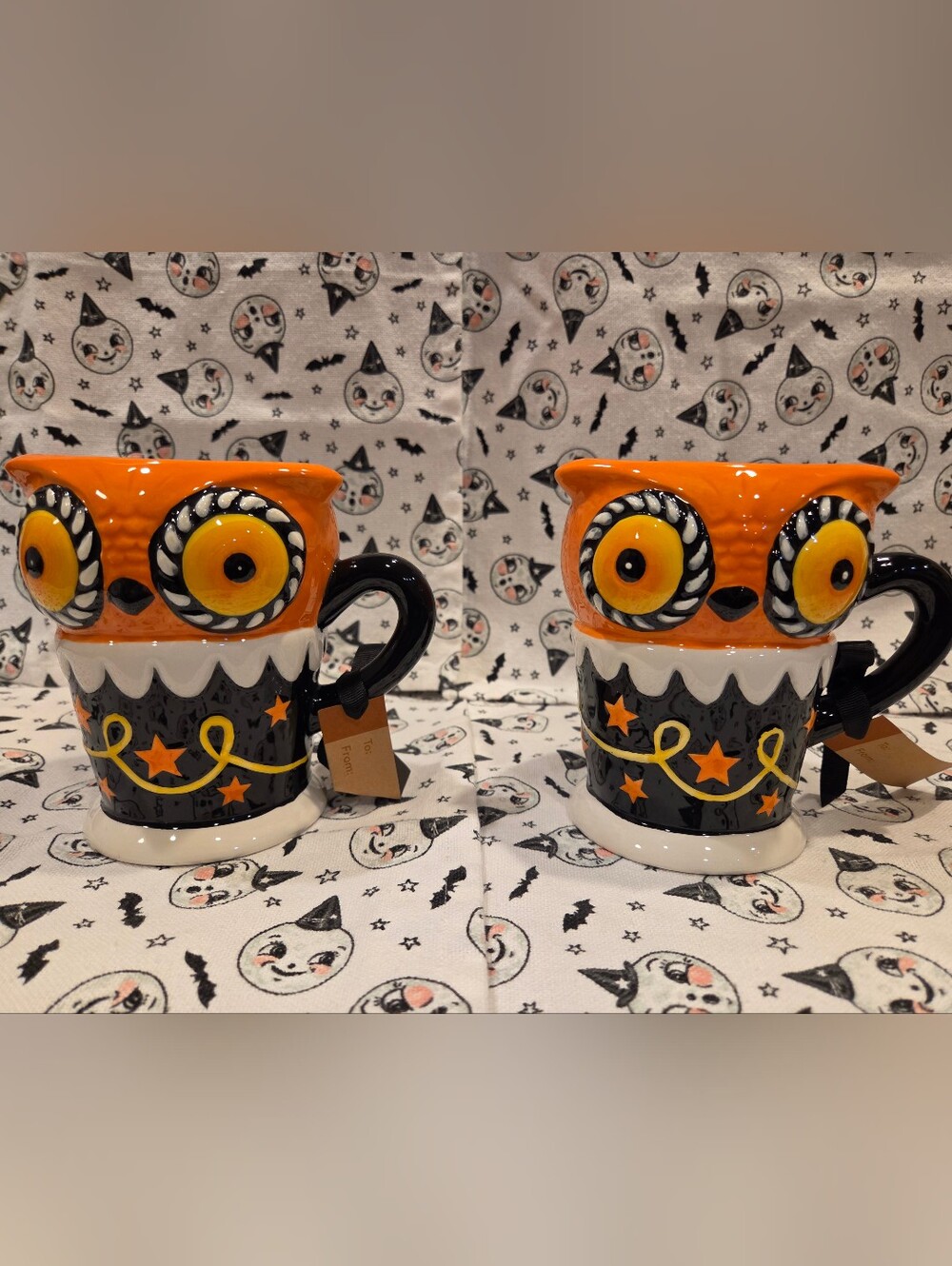 Pair of Johanna Parker Halloween Owl Ceramic Mugs - Orange, Black & Yellow